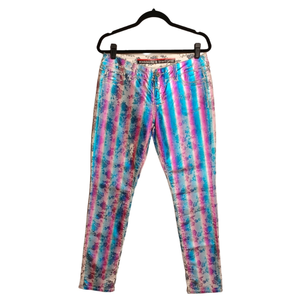 NEW STANDARDS & PRACTICES Metallic Pink Purple Floral Print Skinny Jeans 26